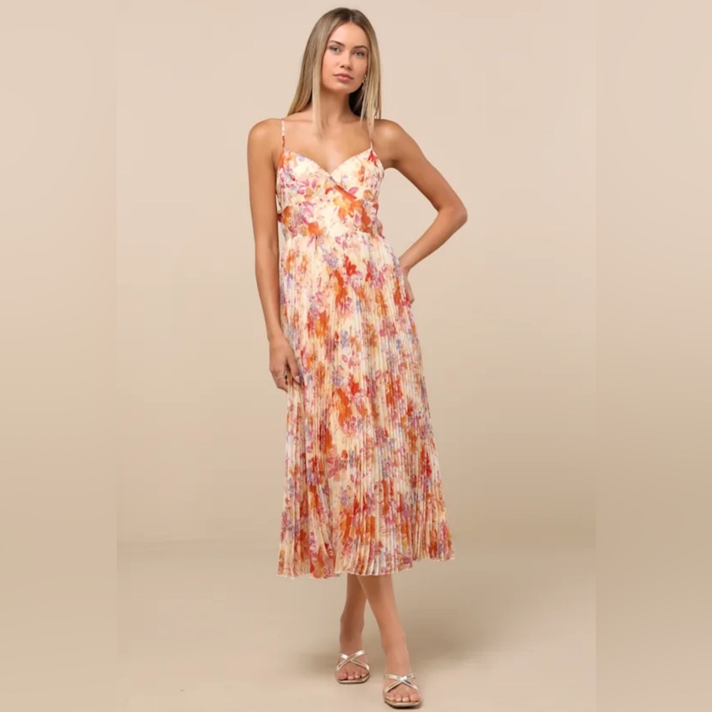 Lulus Alondra Light Yellow Multi Floral Pleated Midi Dress NWT